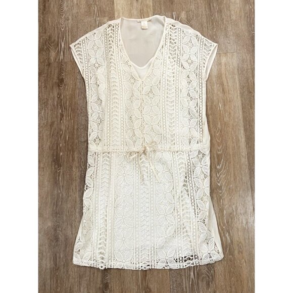 Gold Hawk Sz S Ivory Cream Lace Crochet Drawstring Swim Coverup Cover Up Dress - Picture 3 of 11